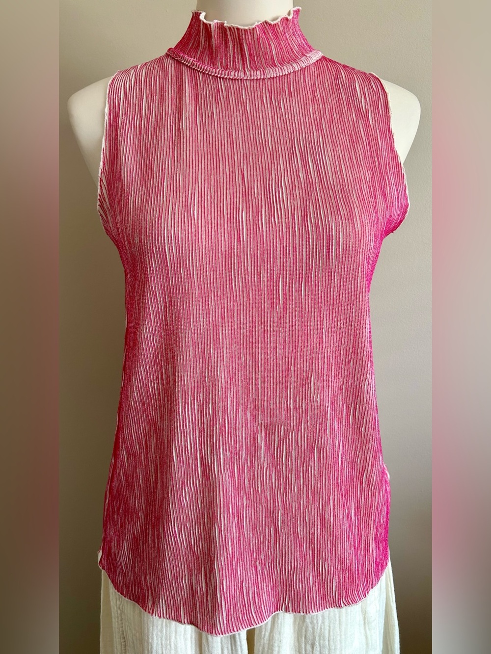 Pink & Cream Plisse Tank w. Ruffled Mock Neck